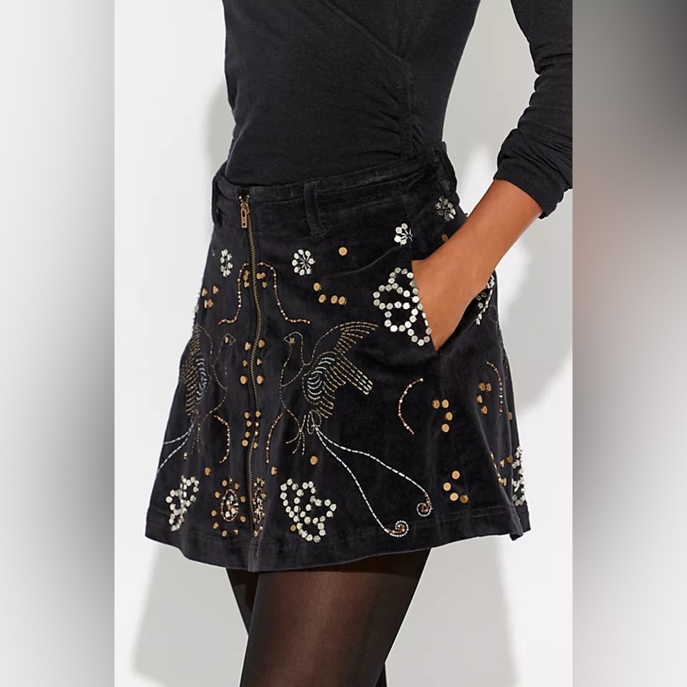 Free People Quetzal Studded Mini Skirt Embellished Beaded Size 4 Birds Zip Up